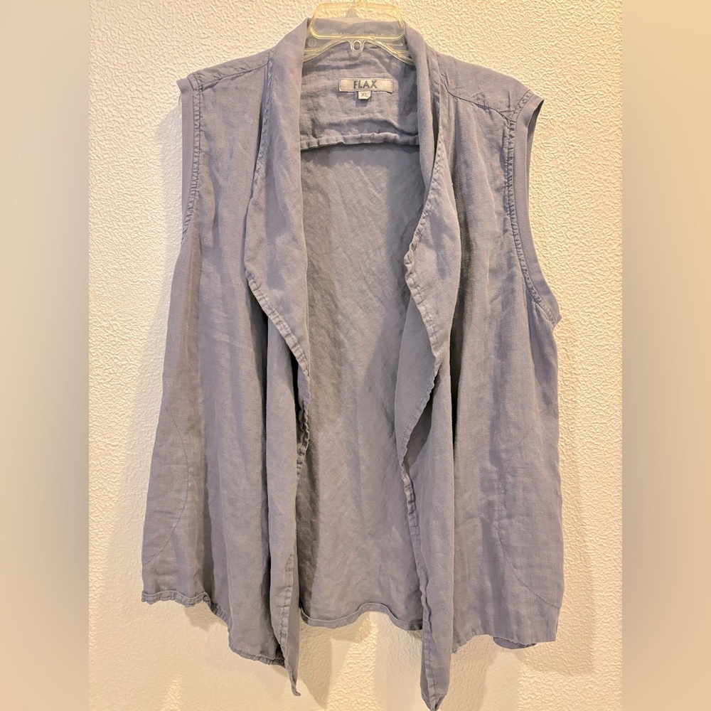 Flax Linen Purple Open Vest With Pockets, Sz XL